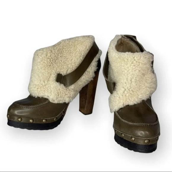 TOPSHOP Unique Sherling Cuff Leather Booties Olive Green Platform Boho Size 8.5 - Picture 2 of 15